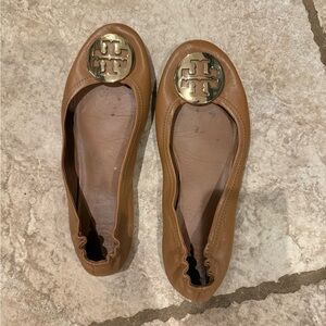 Tory Burch Tan Flats with Gold Emblem